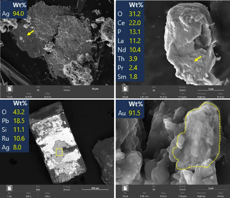 Grains d’argent, d’or et de terres rares observés au microscope électronique dans des mâchefers